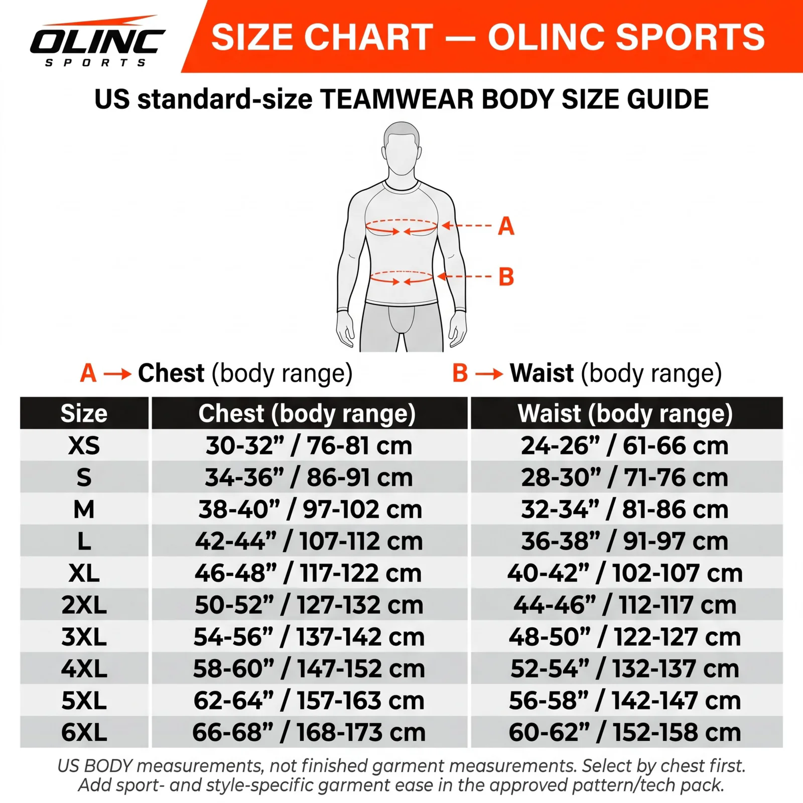 US teamwear body size guide from XS to 6XL for the esports tournament jersey