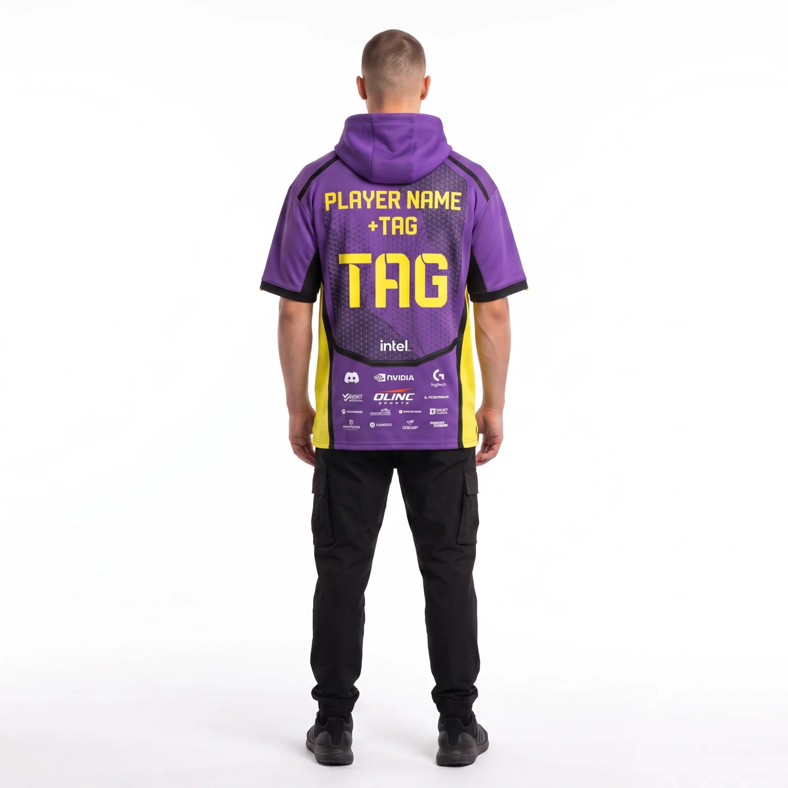 Back view of the techwear esports jersey hoodie showing custom team and player identification