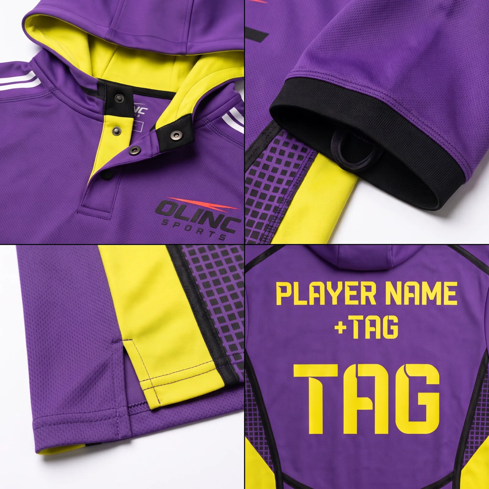 Close-up views of the magnetic placket, hood, tech cuff, side split, and custom player branding