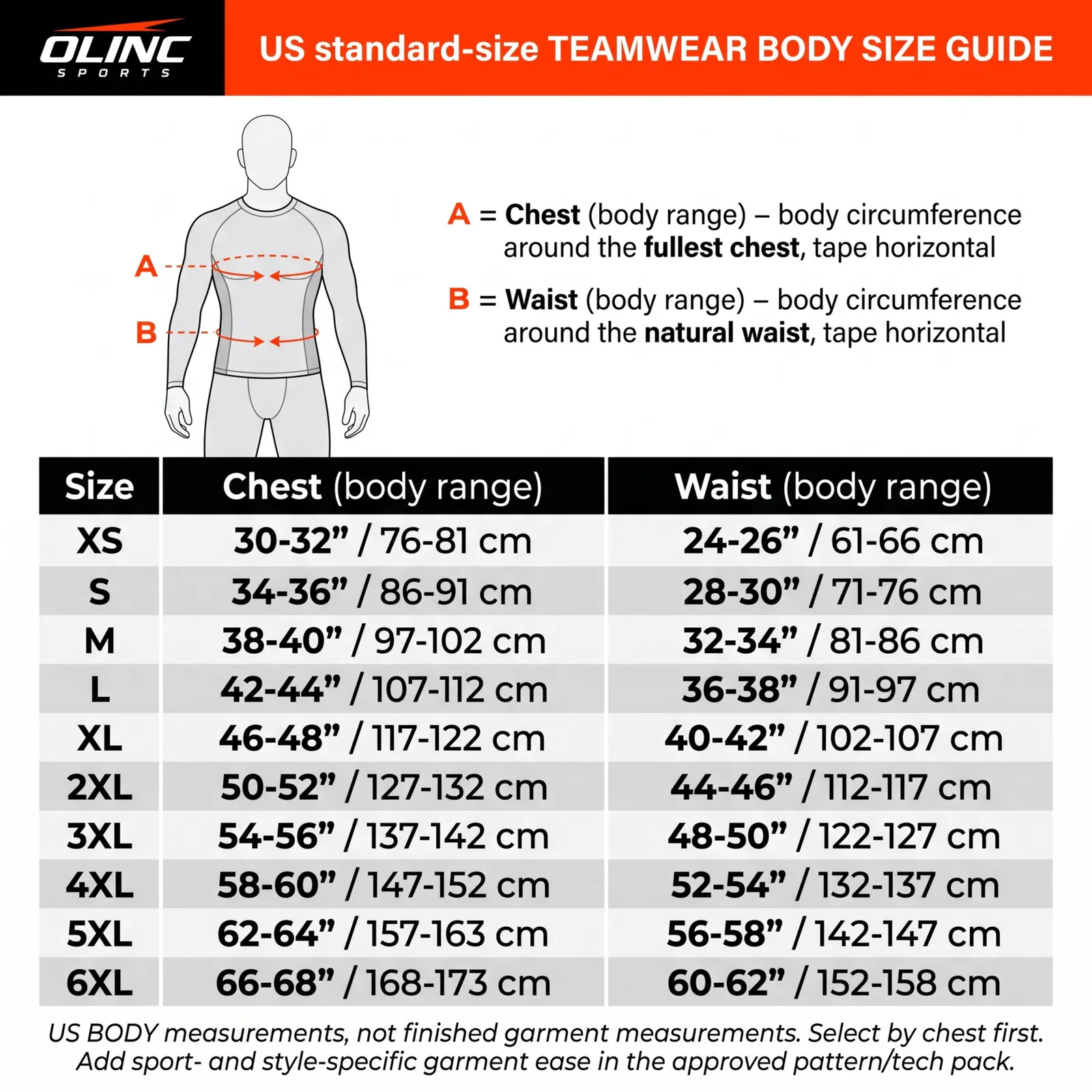 US teamwear body size guide from XS to 6XL for the techwear esports jersey hoodie