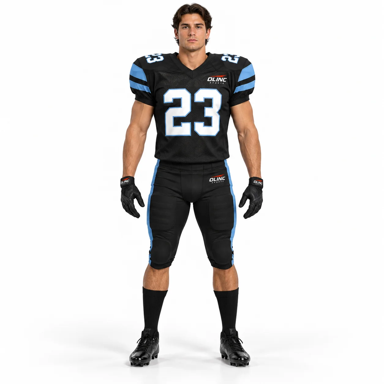 American Football Endzone Set front design view showing black base, ice-blue shoulder bars and white number fields