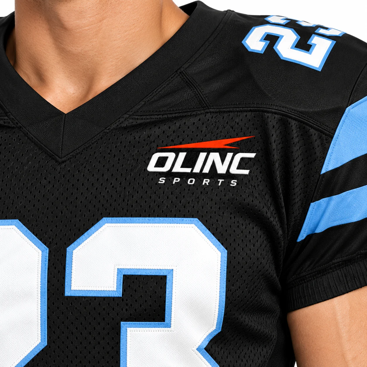 American Football Endzone Set zoom design view showing black base, ice-blue shoulder bars and white number fields