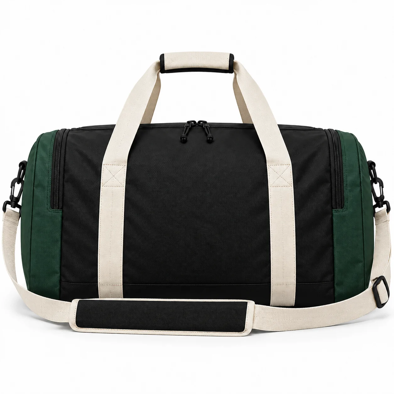 Awayday Team Duffel back design view showing black shell, forest-green end panels and cream carry handles