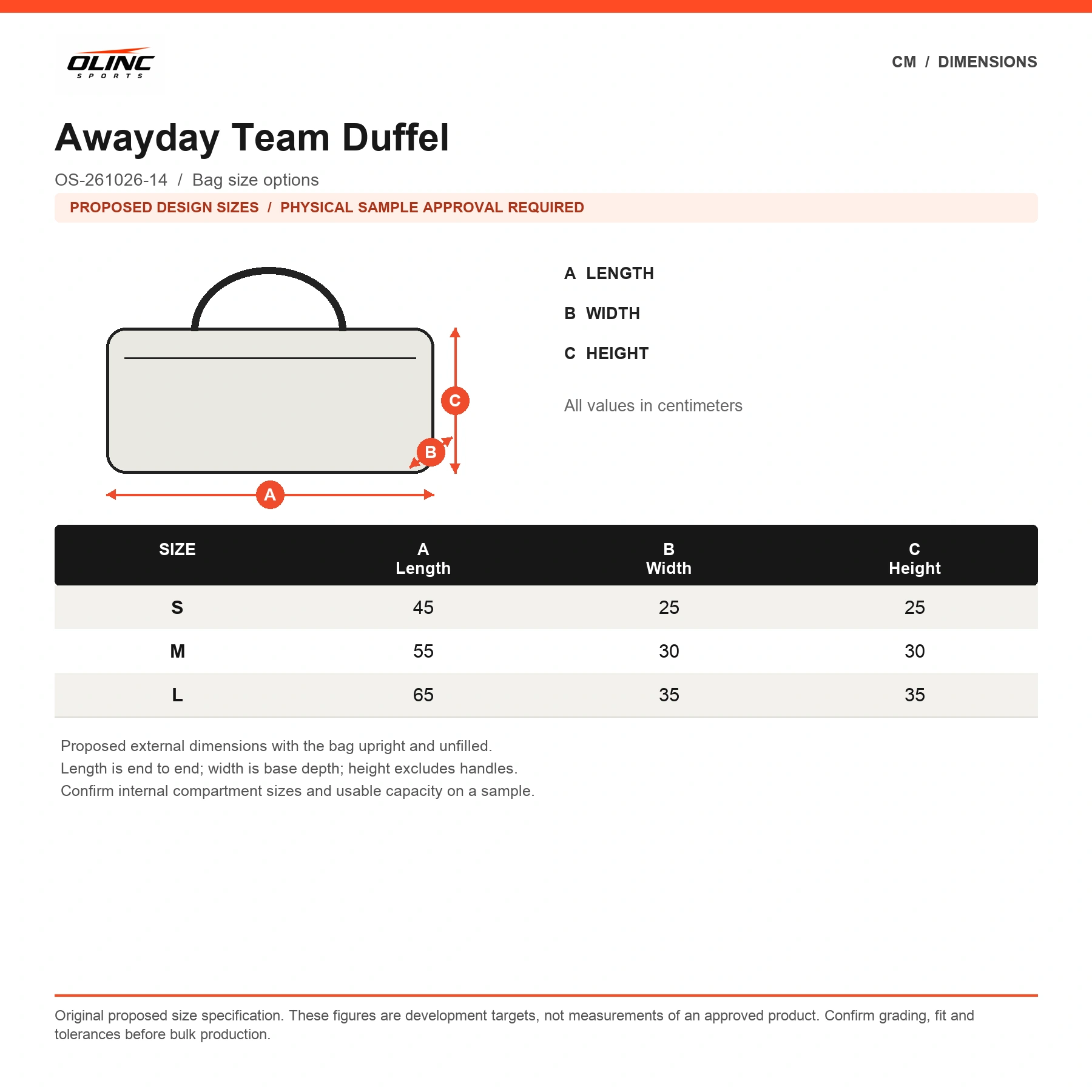 Awayday Team Duffel proposed S to L bag dimensions chart in centimeters requiring physical sample approval