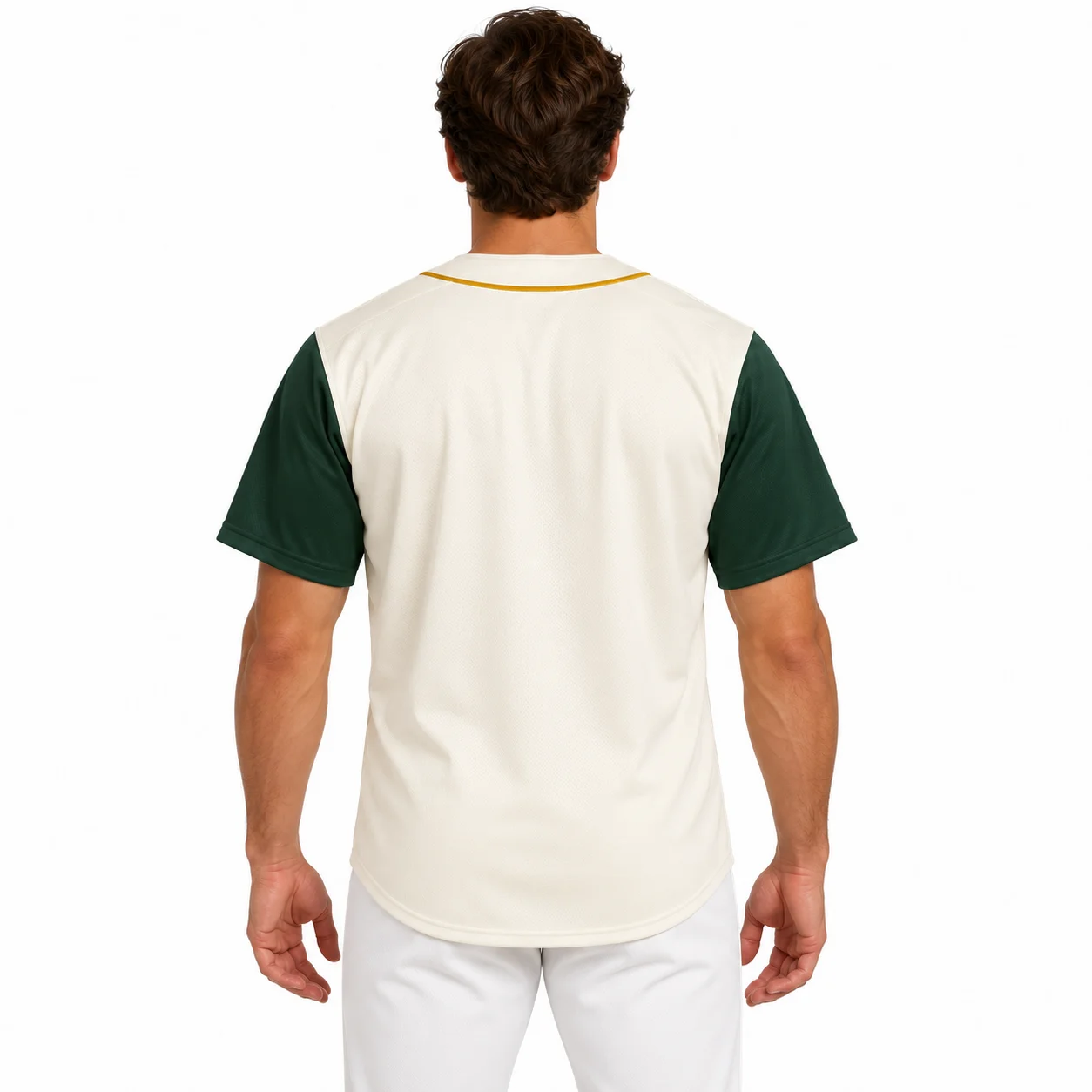 Baseball Baseline Jersey back design view showing ivory body, forest-green sleeves and gold placket piping