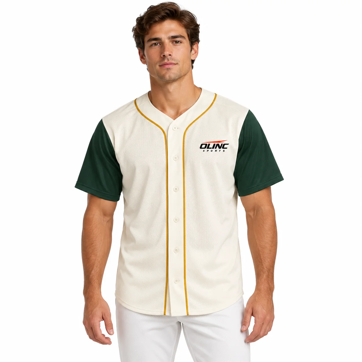 Baseball Baseline Jersey front design view showing ivory body, forest-green sleeves and gold placket piping