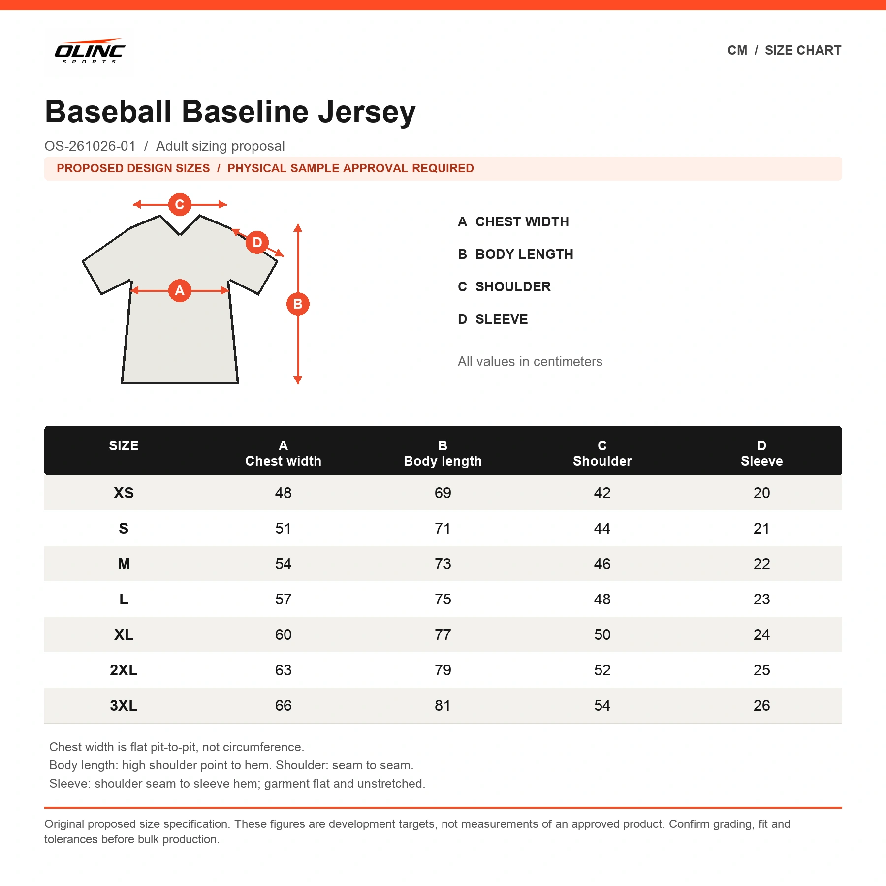 Baseball Baseline Jersey proposed XS to 3XL size chart in centimeters requiring physical sample approval