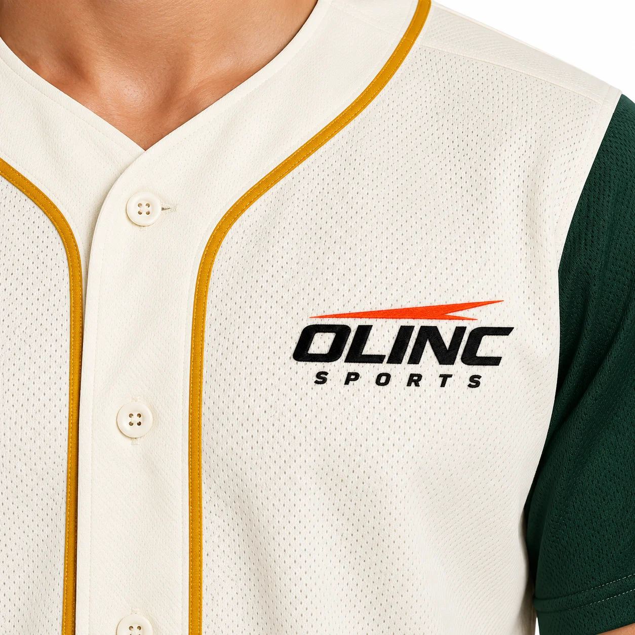 Baseball Baseline Jersey zoom design view showing ivory body, forest-green sleeves and gold placket piping