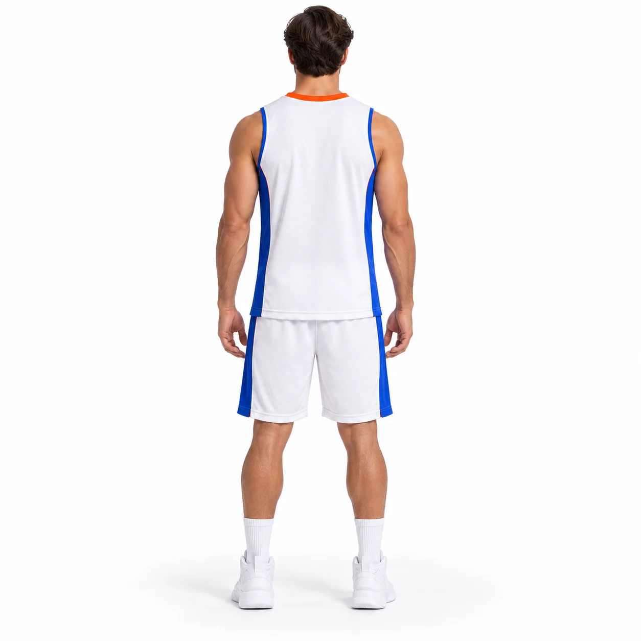 Basketball Courtside Set back design view showing white base, cobalt side panels and orange neckline trim