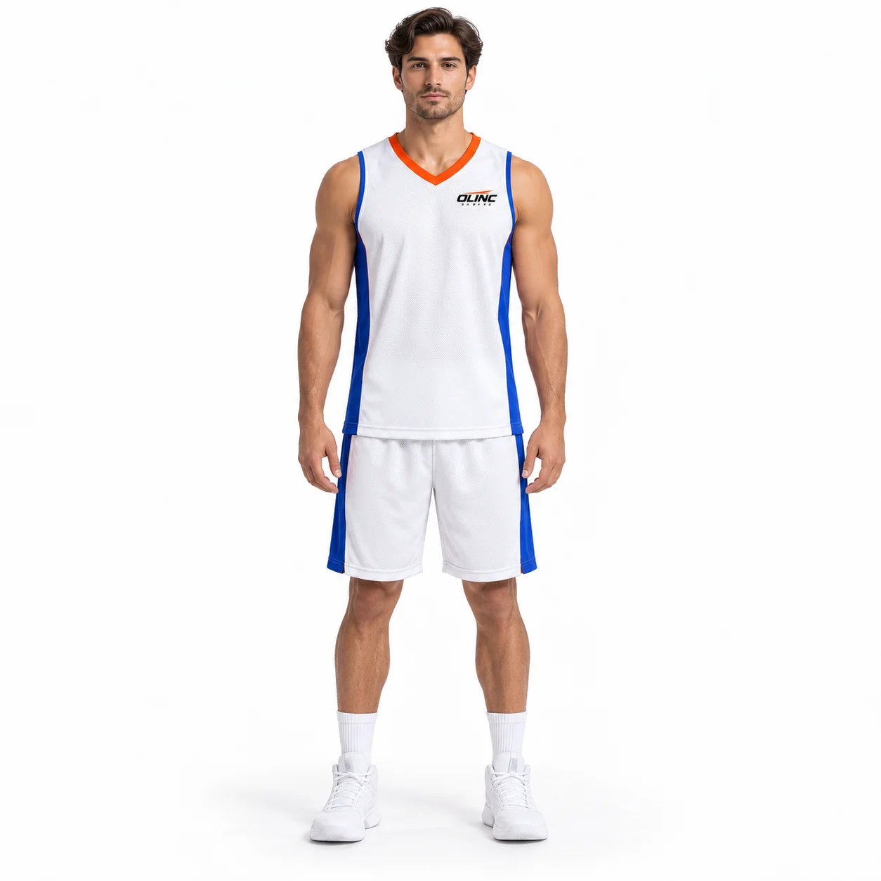 Basketball Courtside Set front design view showing white base, cobalt side panels and orange neckline trim
