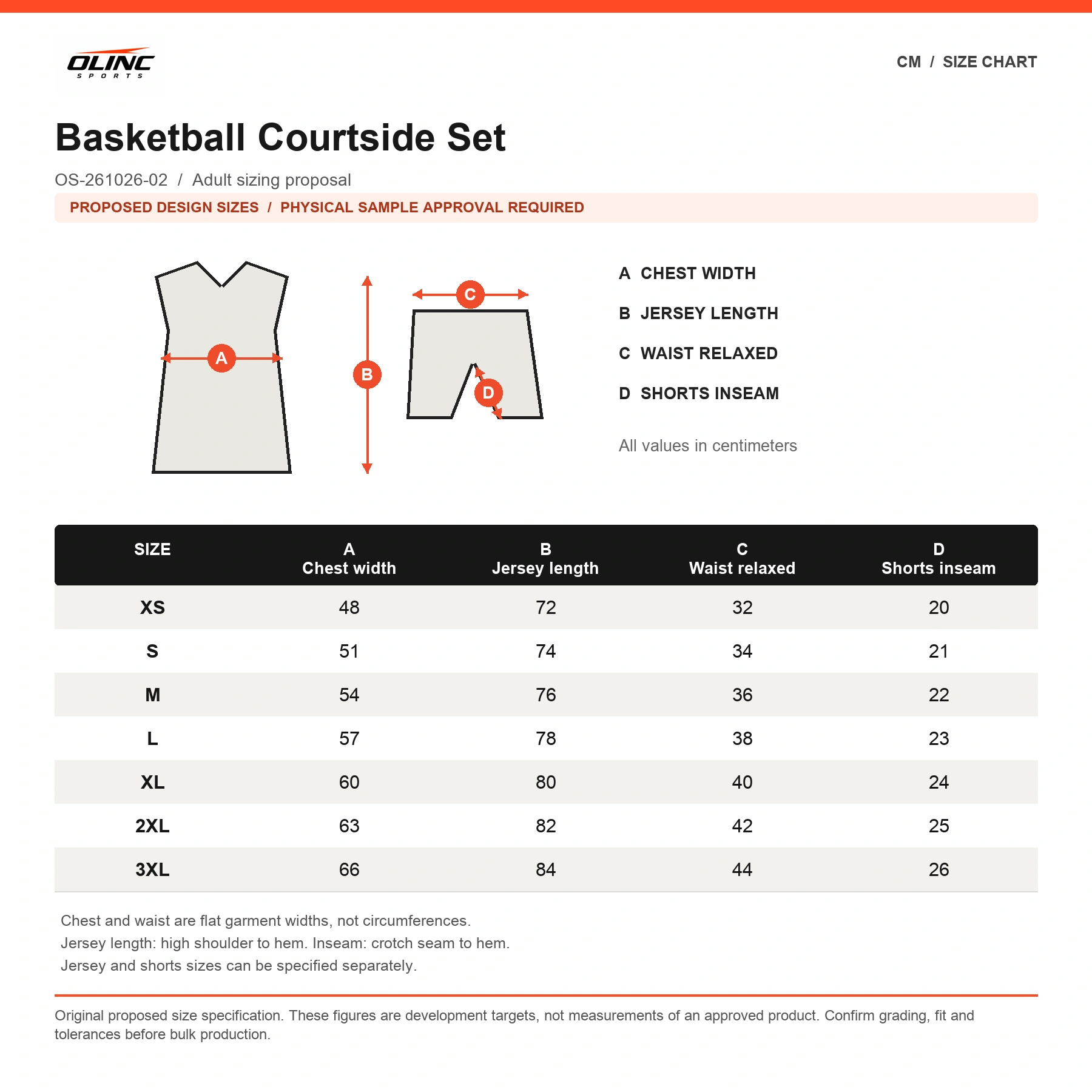 Basketball Courtside Set proposed XS to 3XL size chart in centimeters requiring physical sample approval