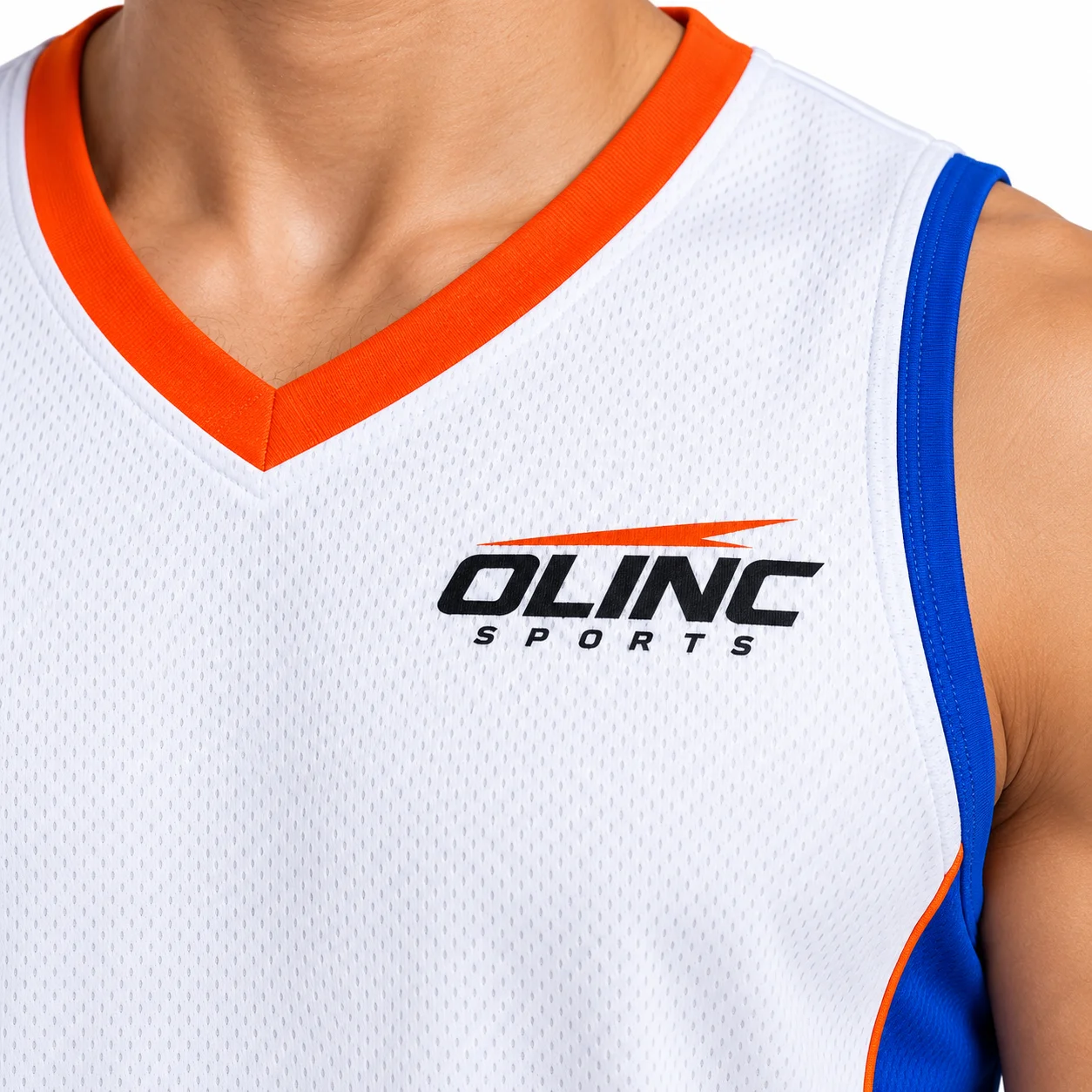 Basketball Courtside Set zoom design view showing white base, cobalt side panels and orange neckline trim