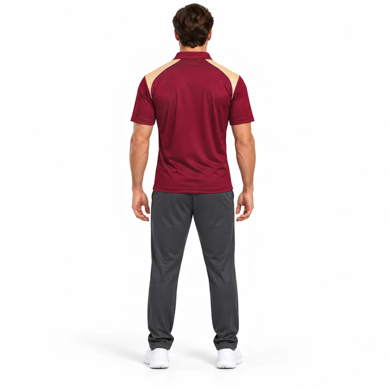 Cricket Boundary T20 Kit back design view showing maroon shirt, champagne shoulder accents and charcoal trousers