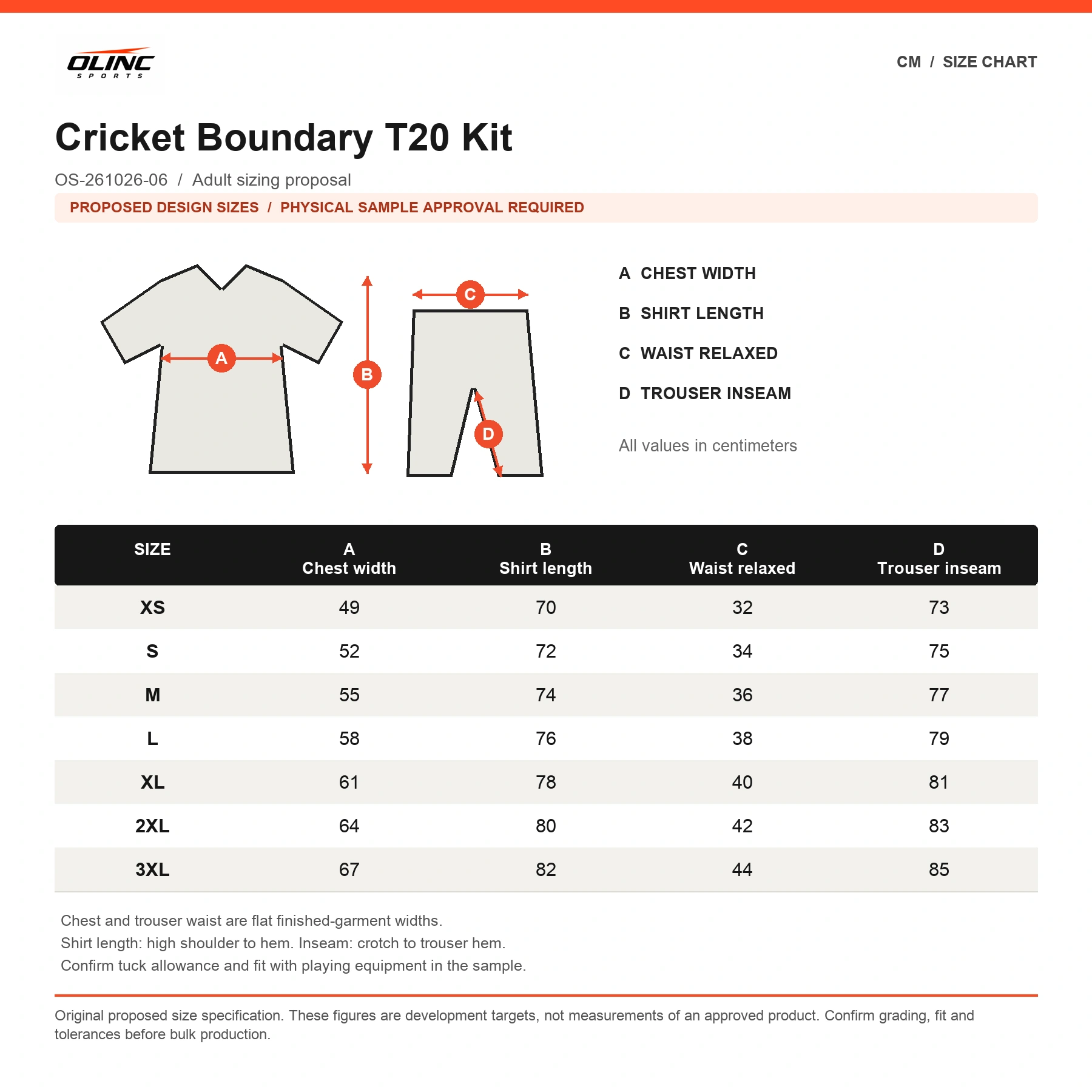 Cricket Boundary T20 Kit proposed XS to 3XL size chart in centimeters requiring physical sample approval