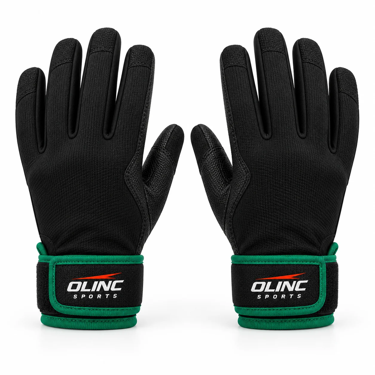 Gaelic Football Touchline Gloves front design view showing black palm and backhand with emerald wrist binding