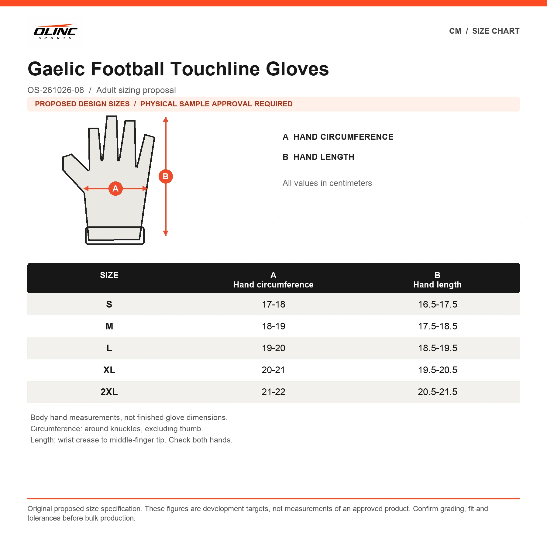 Gaelic Football Touchline Gloves proposed S to 2XL size chart in centimeters requiring physical sample approval