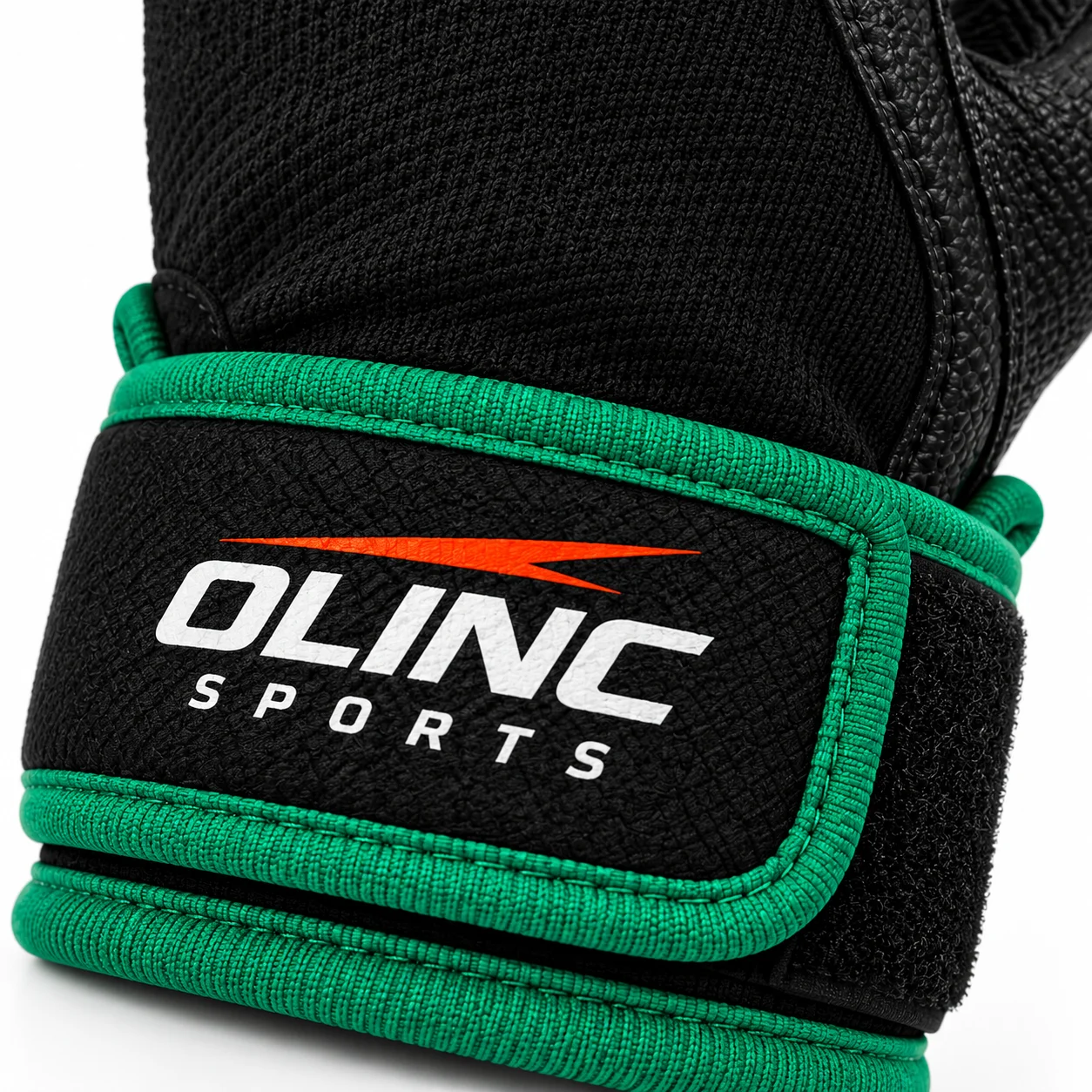 Gaelic Football Touchline Gloves zoom design view showing black palm and backhand with emerald wrist binding