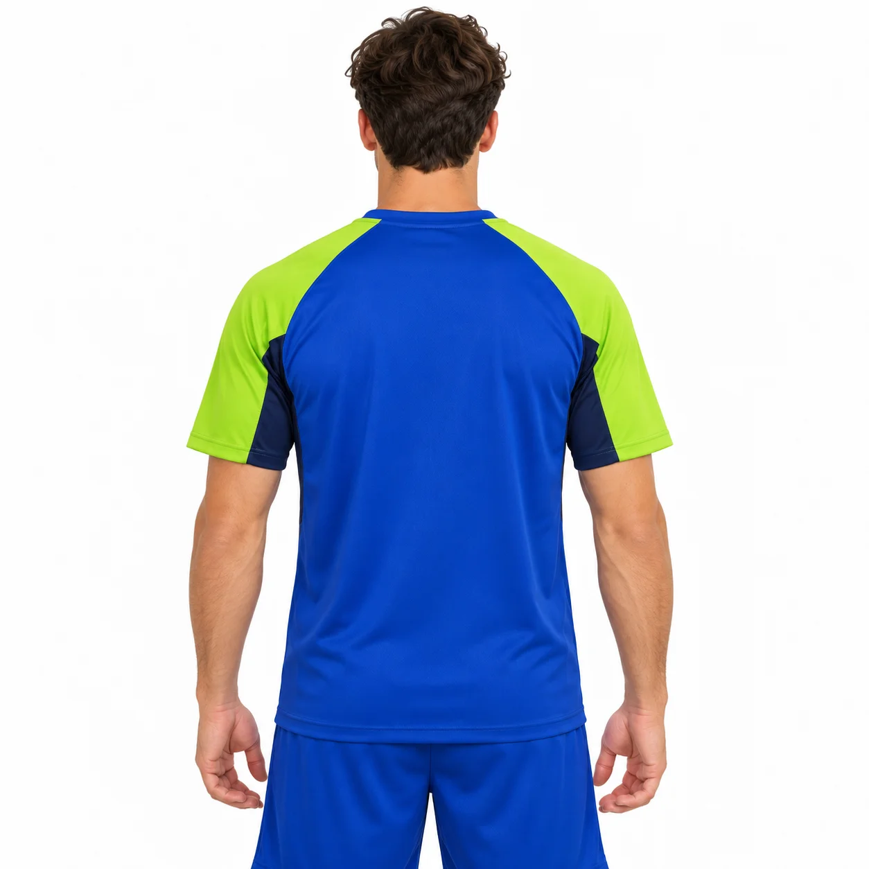 Handball Pivot Raglan Jersey back design view showing royal-blue body, lime raglan sleeves and navy underarm inserts