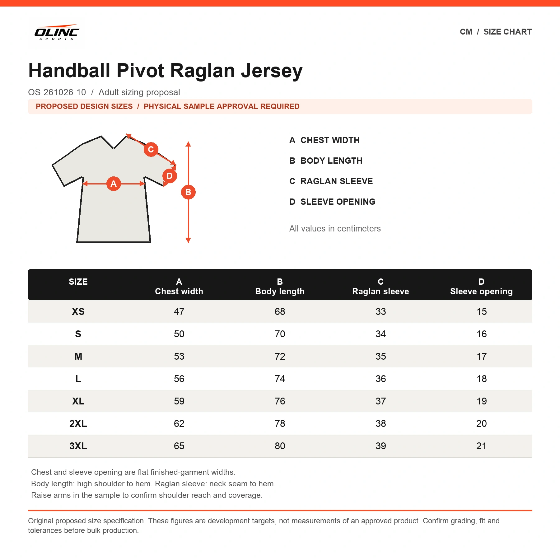 Handball Pivot Raglan Jersey proposed XS to 3XL size chart in centimeters requiring physical sample approval