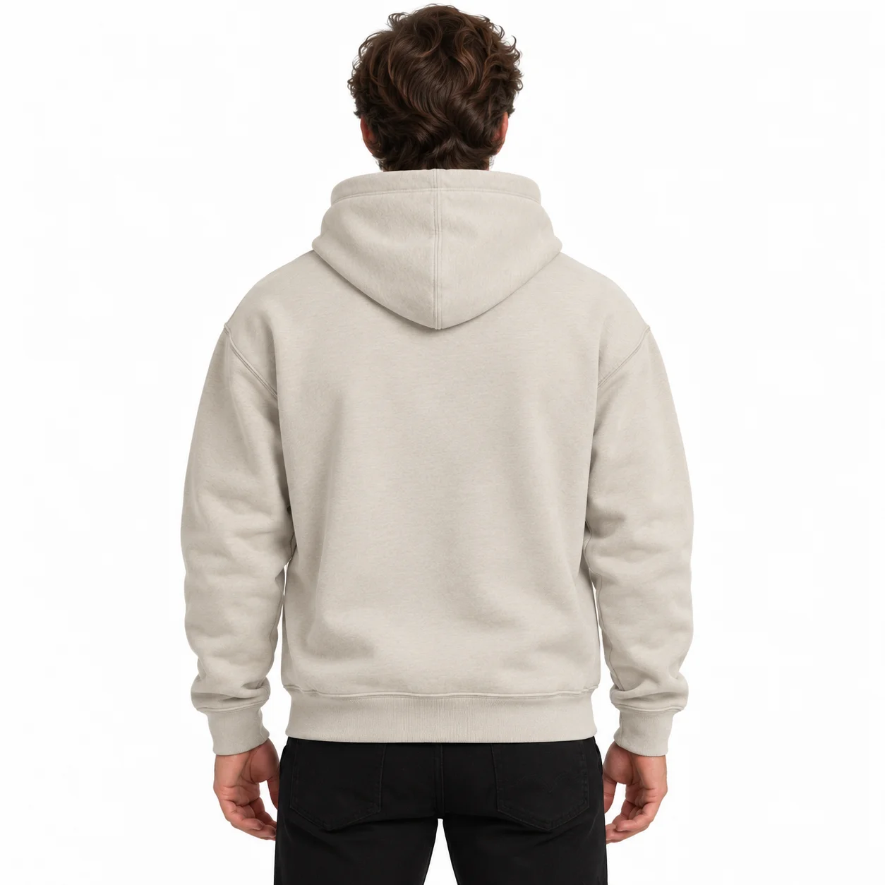 Clubhouse Fleece Hoodie back design view showing stone body, dark-green chest embroidery and matching drawcord