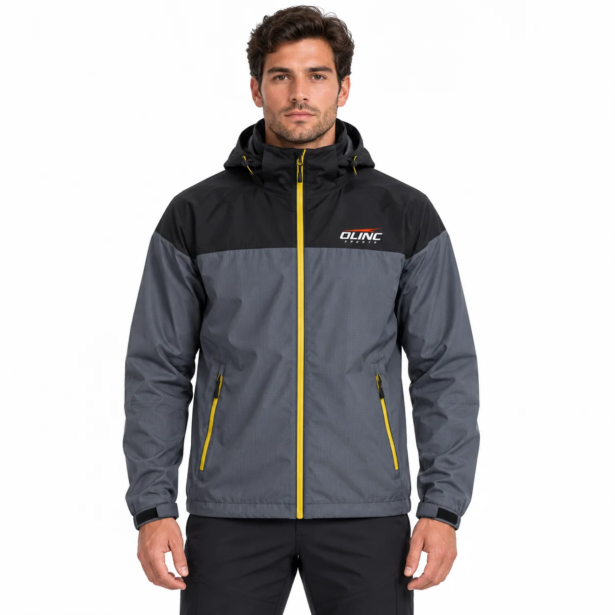 Sideline Ripstop Jacket front design view showing slate shell, black shoulders and muted-yellow zipper detail