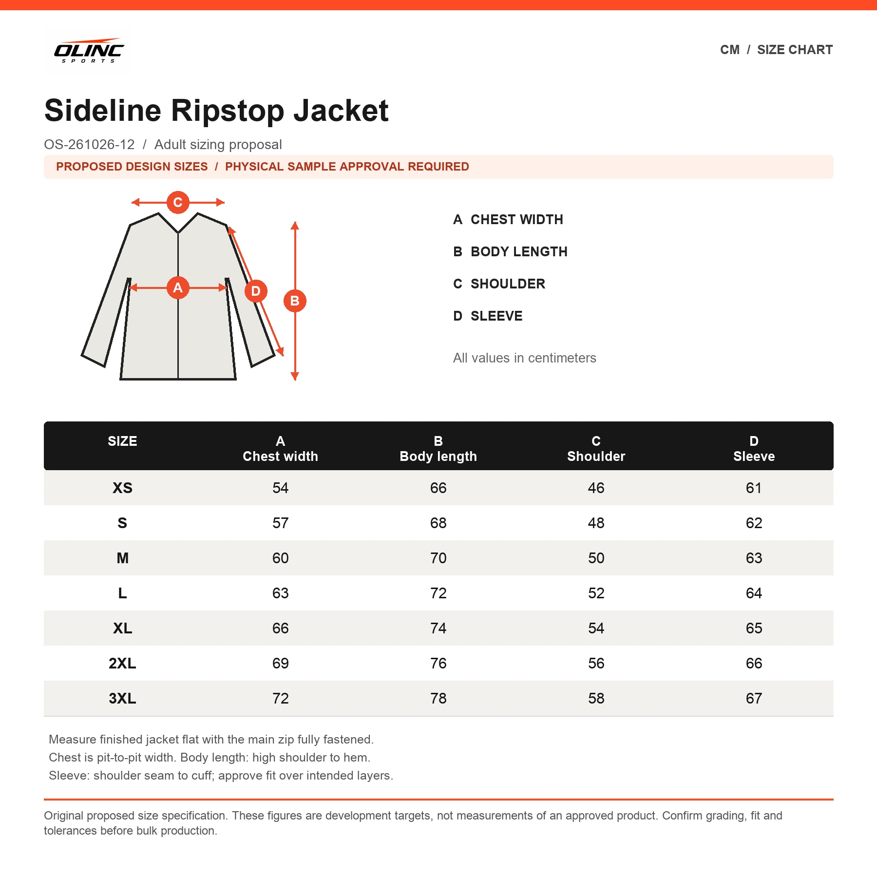 Sideline Ripstop Jacket proposed XS to 3XL size chart in centimeters requiring physical sample approval