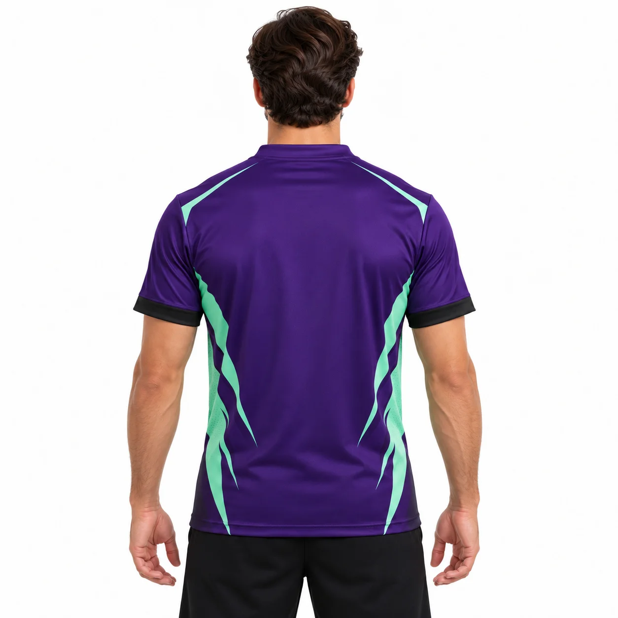 Esports Signal Jersey back design view showing deep-purple body with mint side graphics and black sleeve cuffs