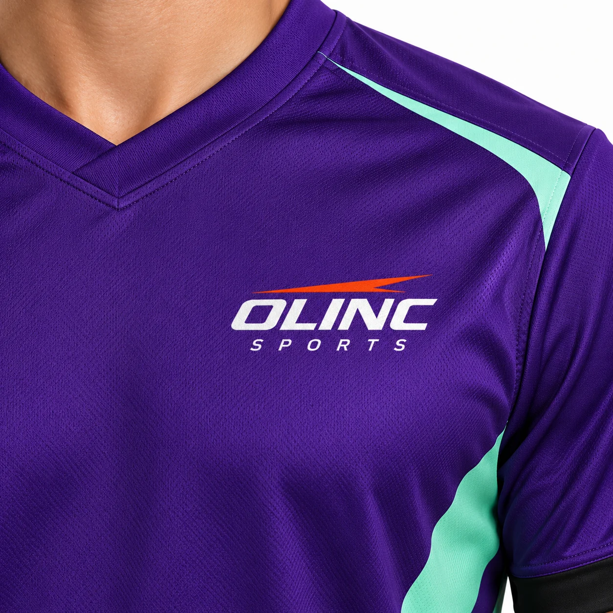 Esports Signal Jersey zoom design view showing deep-purple body with mint side graphics and black sleeve cuffs