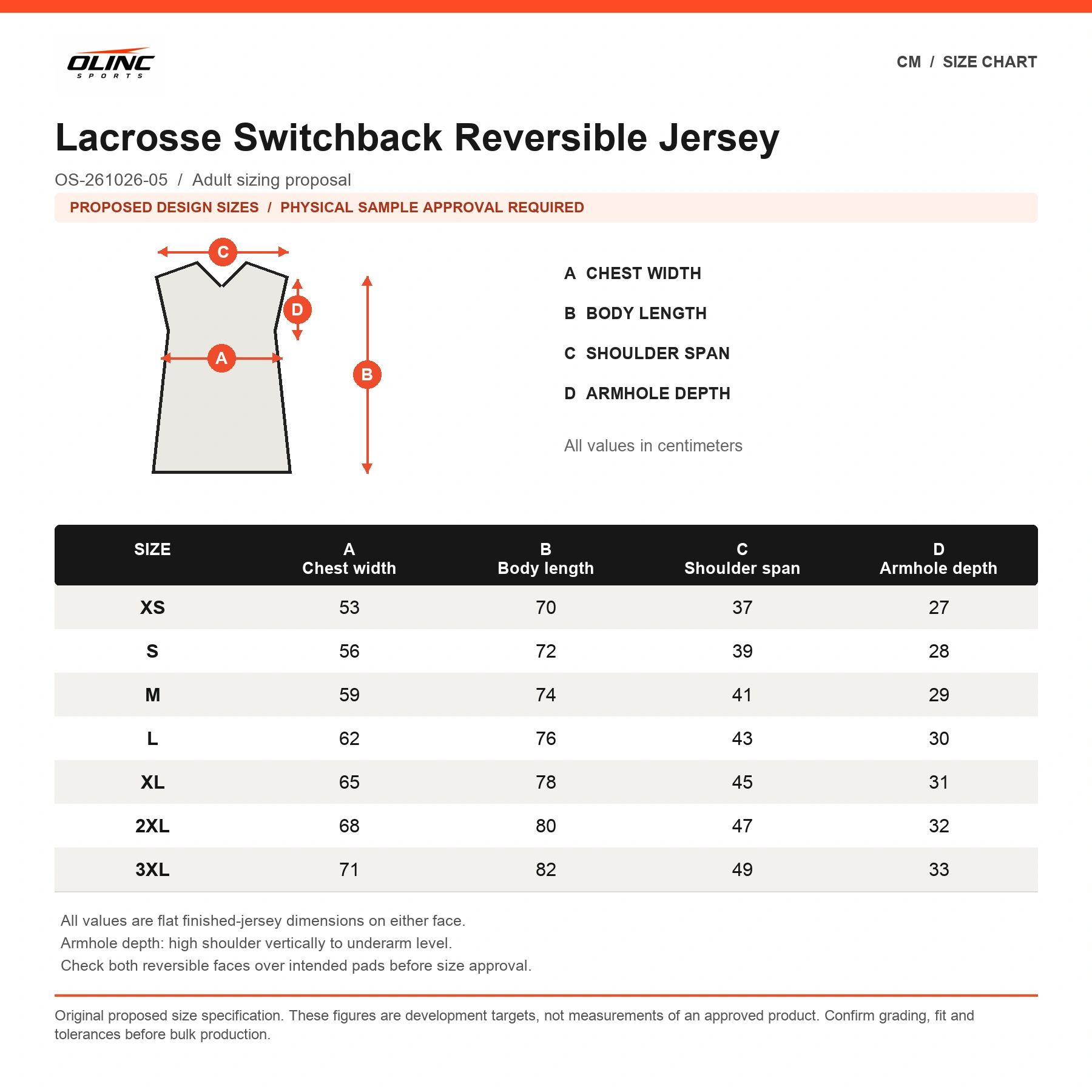 Lacrosse Switchback Reversible Jersey proposed XS to 3XL size chart in centimeters requiring physical sample approval