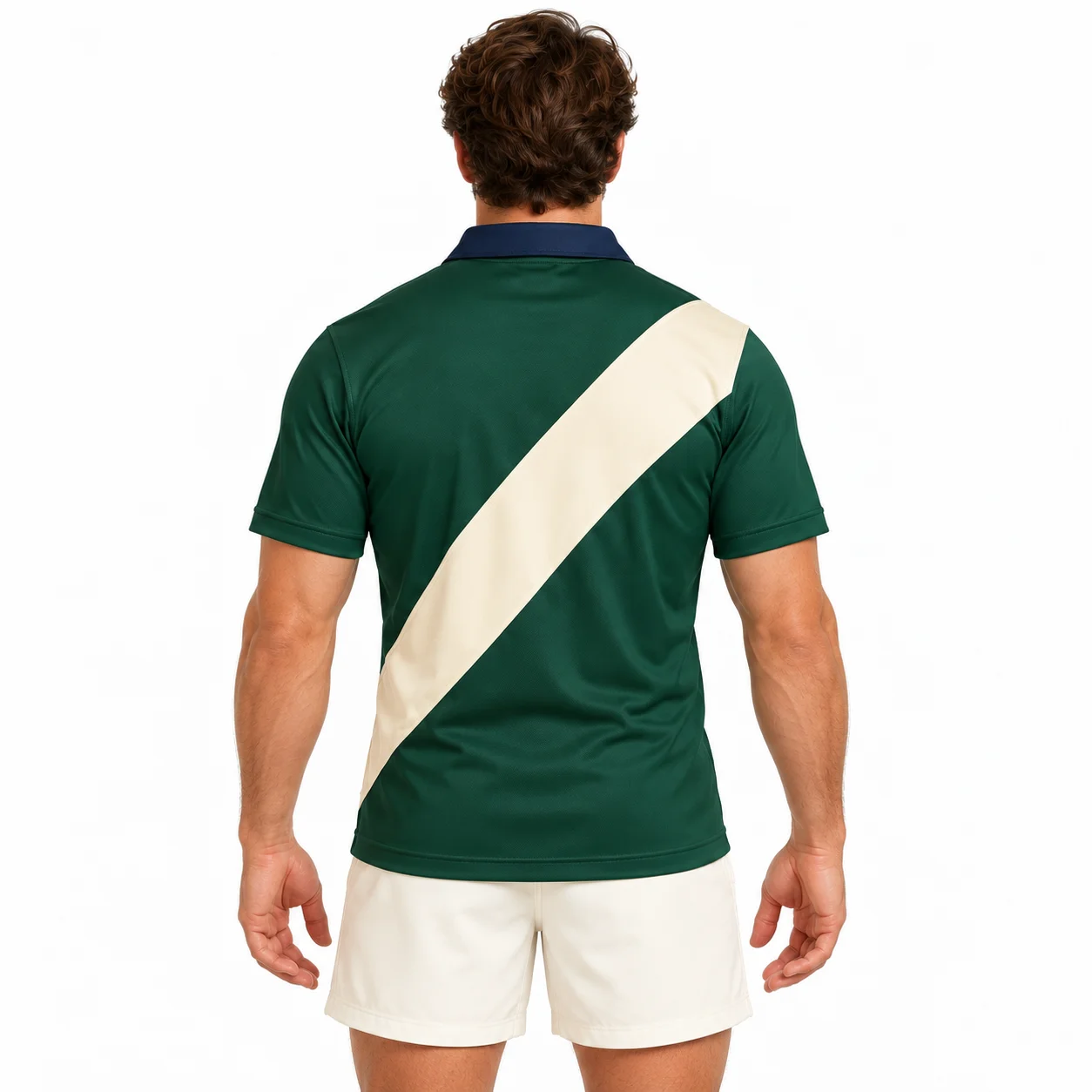 Rugby Breakline Jersey back design view showing bottle-green body, cream diagonal chest band and navy collar