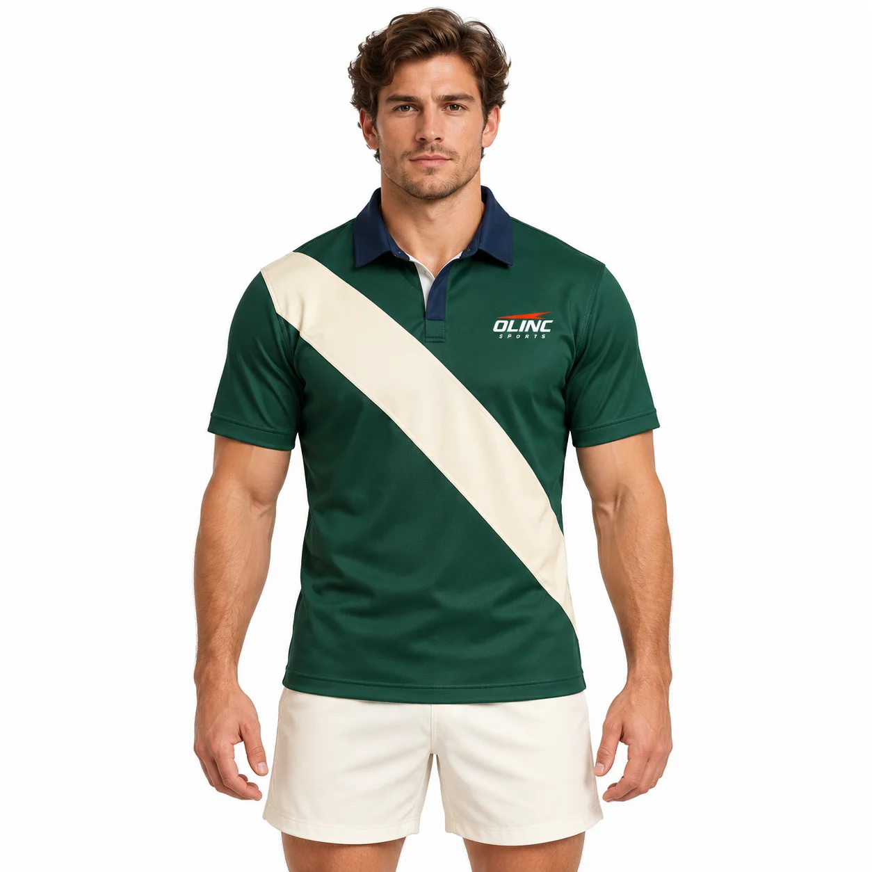 Rugby Breakline Jersey front design view showing bottle-green body, cream diagonal chest band and navy collar