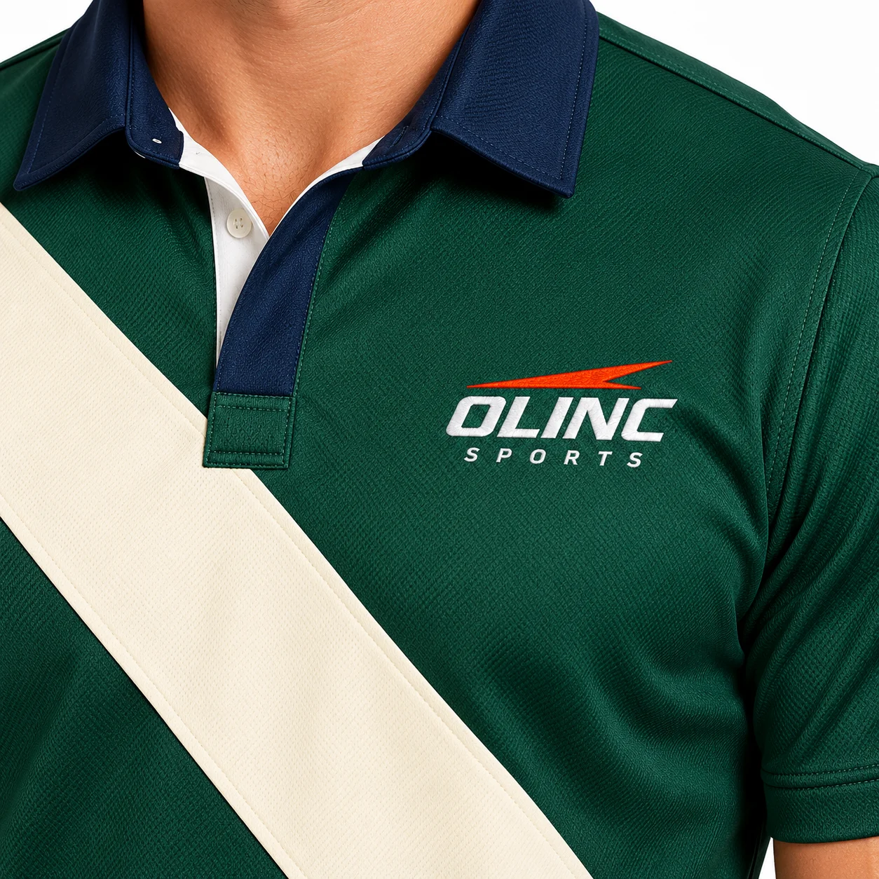 Rugby Breakline Jersey zoom design view showing bottle-green body, cream diagonal chest band and navy collar