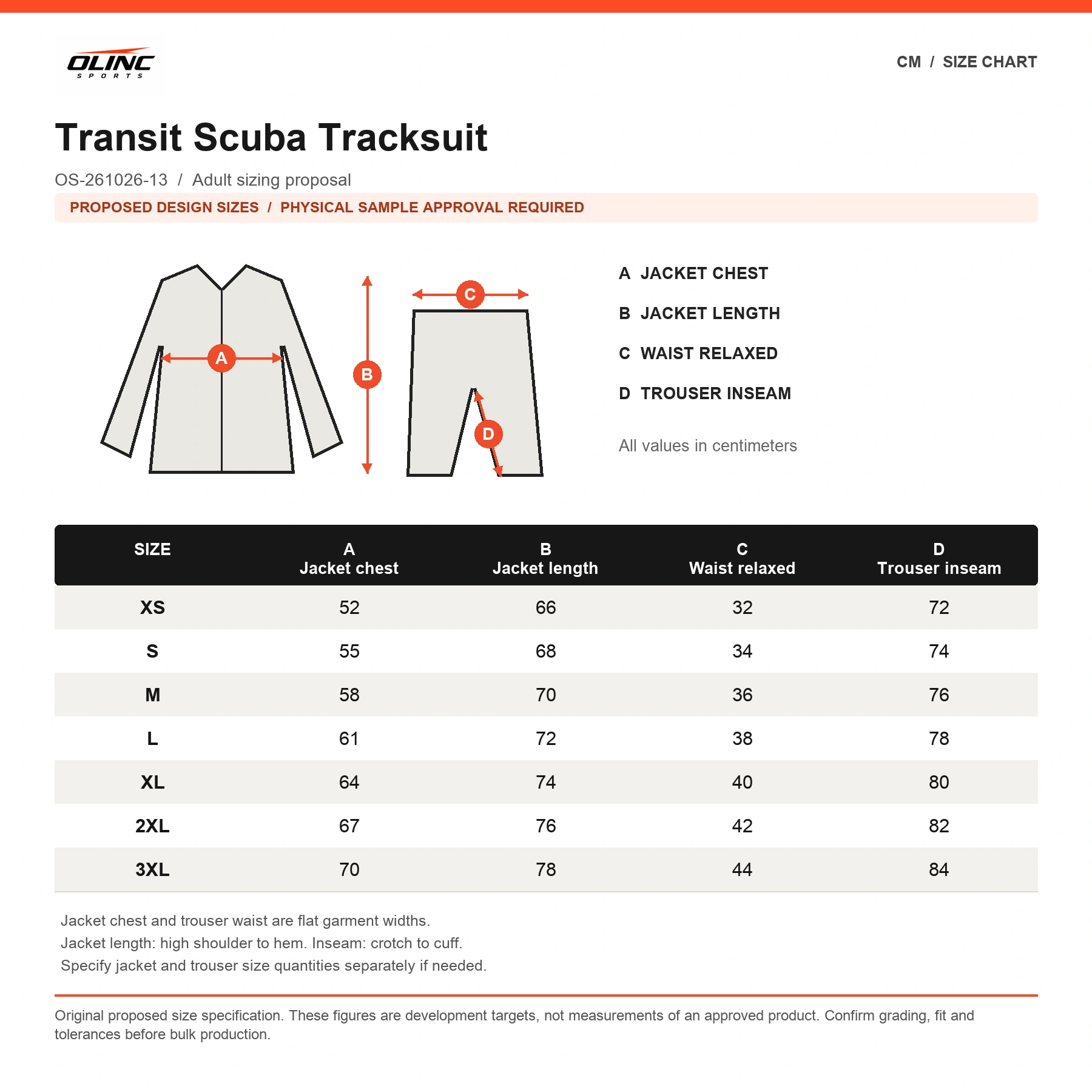 Transit Scuba Tracksuit proposed XS to 3XL size chart in centimeters requiring physical sample approval