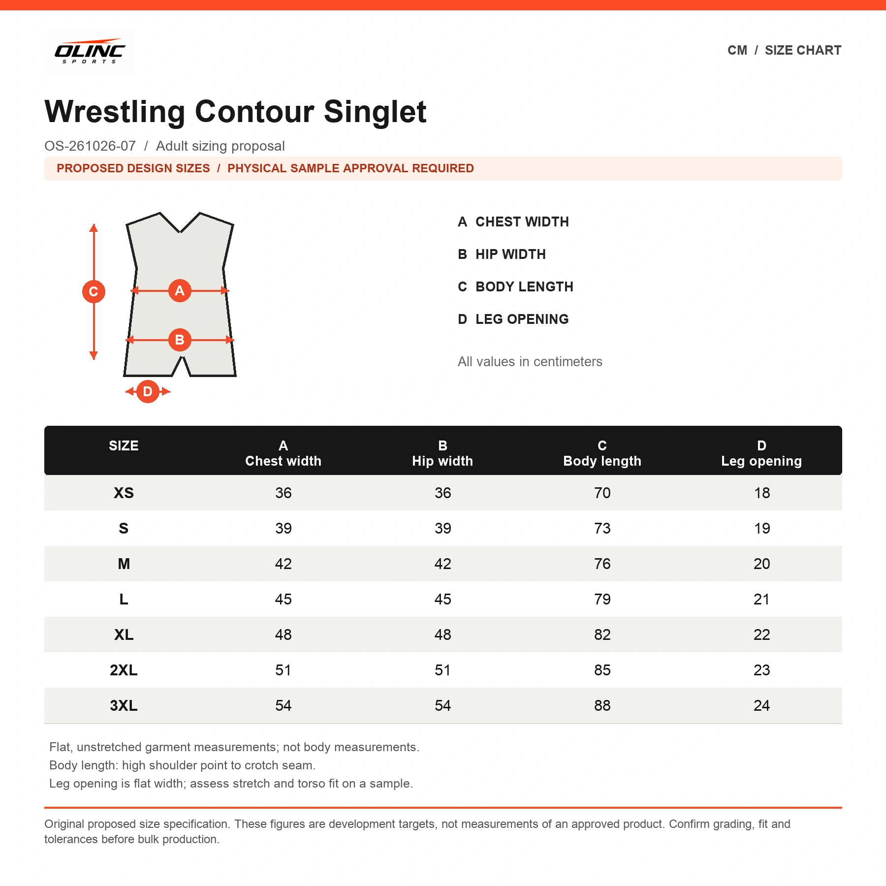 Wrestling Contour Singlet proposed XS to 3XL size chart in centimeters requiring physical sample approval