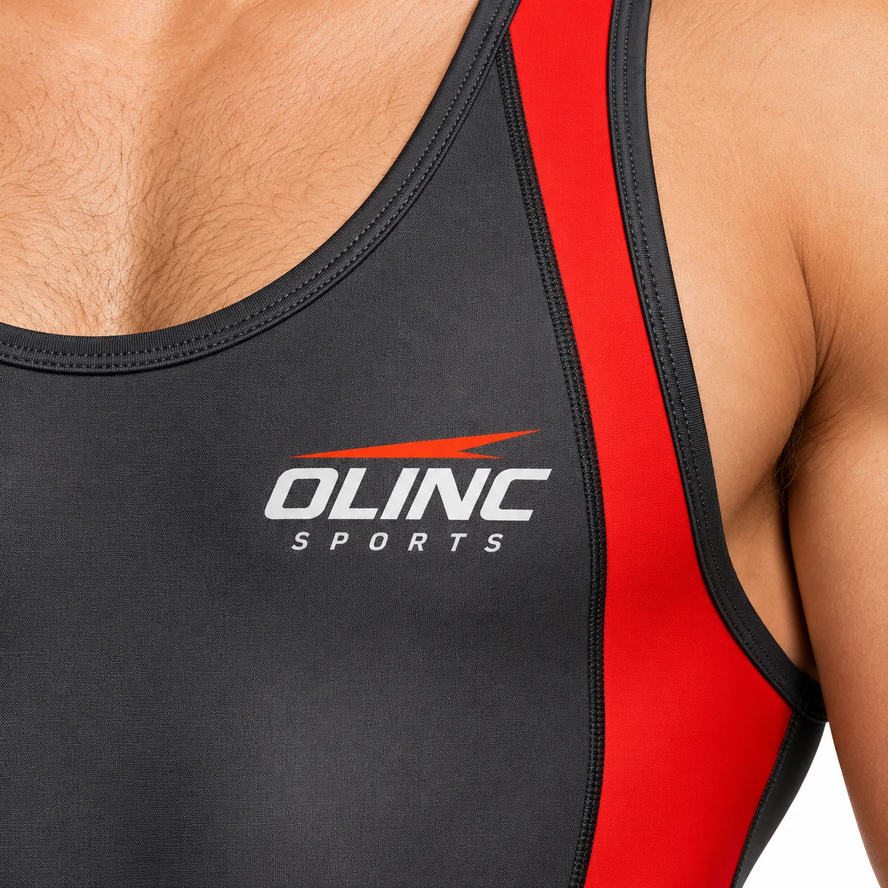 Wrestling Contour Singlet zoom design view showing graphite base, red curved side panels and white back identification