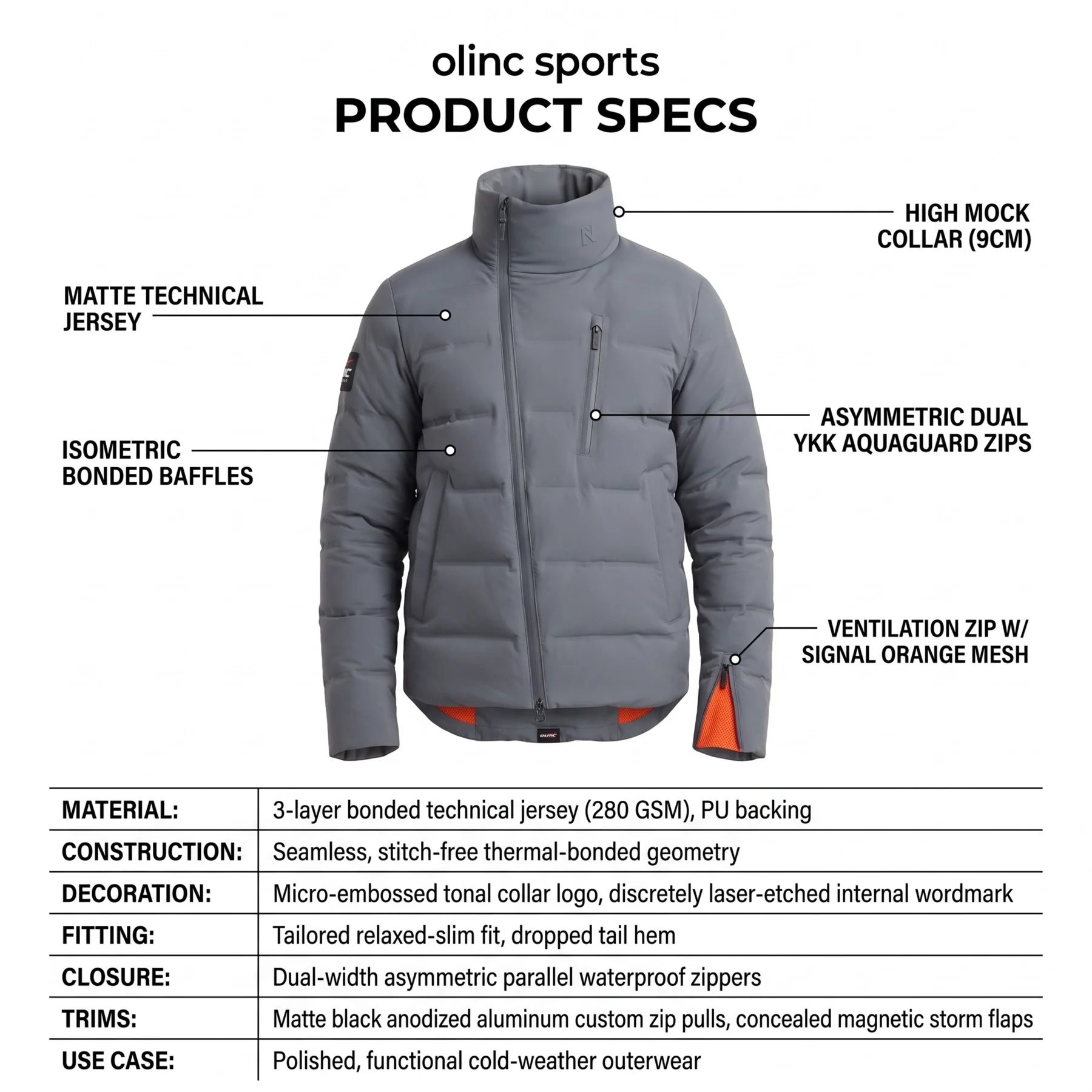 Olinc Sports 280 GSM Thermal-Bonded Dual-Zip Puffer Jacket product view 5 for custom manufacturing