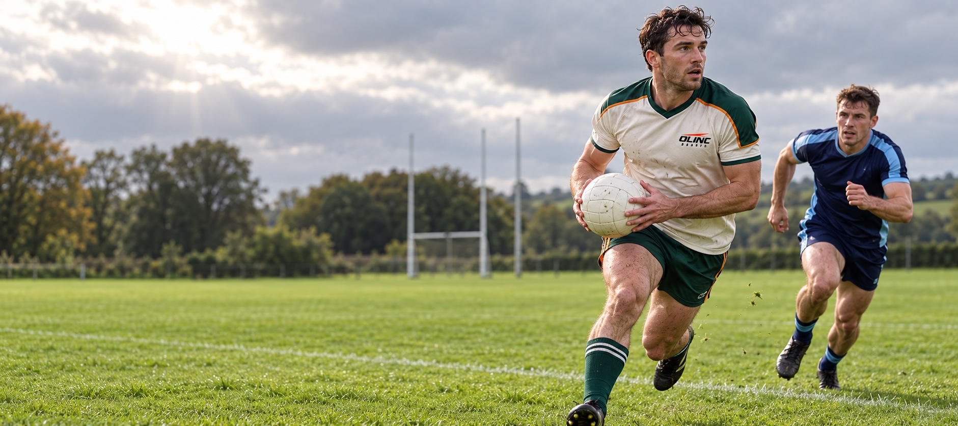 Illustrative Gaelic football match scene with an Olinc Sports player carrying the ball on a grass pitch